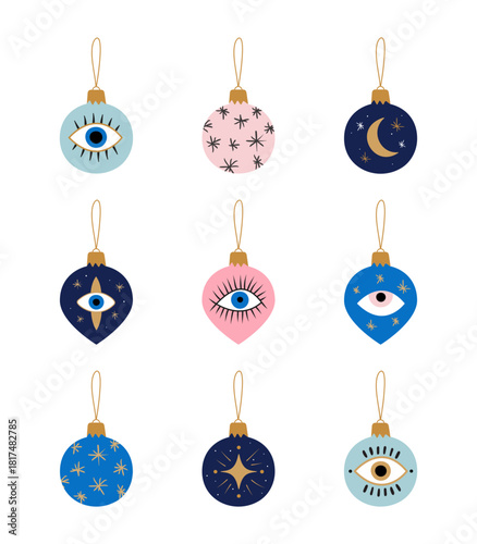 Mystical Christmas Ornaments with Evil Eyes, Moon and Stars Vector Illustration Set