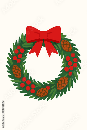 Christmas Wreath with Bow Flat Vector