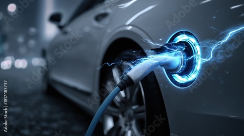 Clean Transport Concept Highlighting EV Connected To Power Cable With Animated Energy Indicator