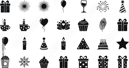 Celebration icon set, festive silhouette collection, party symbols, gift, balloon, candle, cupcake, hat, fireworks, heart, star