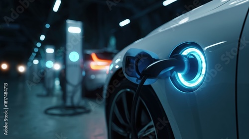 Electric Vehicle At Charging Station With Brightly Lit Port Representing Green Mobility And Innovation