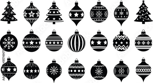 Christmas icon set, festive silhouette collection, ornament designs, decorated tree, snowflake, star, stripe, zigzag, floral, holiday symbols