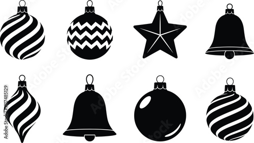 Christmas ornament icons, festive silhouette set, holiday decorations, vector symbols, bell, star, teardrop, sphere, stripe, zigzag