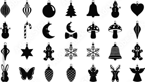 Christmas ornament icons, festive silhouette set, holiday decorations, black vector symbols, tree, bell, snowman, star, candy, moon