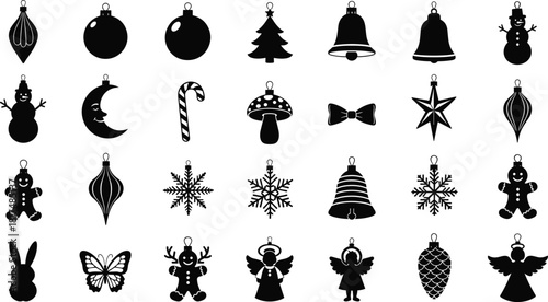 Christmas ornament icons, festive silhouette set, holiday decorations, tree, snowman, reindeer, star, candy cane, bow, snowflake