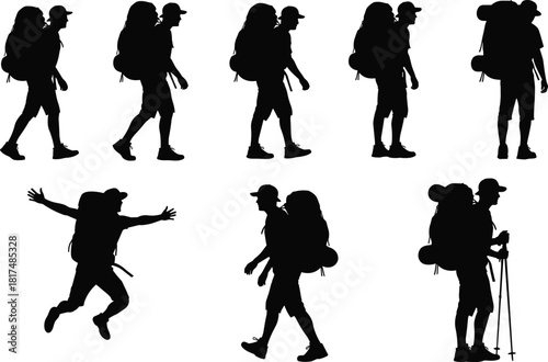 Hiker silhouette icon set, backpacker poses, trekking, walking, standing, jumping, outdoor activity, adventure, hiking gear, motion