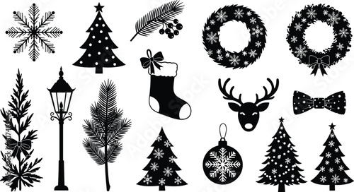 Detailed Christmas and Winter Decoration Icon Set: Wreath, Pine Branches, Stocking, Snowflake, Reindeer Head, Ornaments, Bow Tie, and Vintage Street Lantern Silhouette Vector