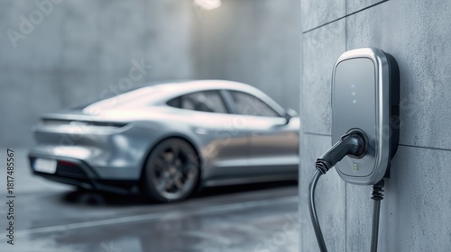 Modern EV Charging Setup On Urban Wall With Connected Sedan Highlighting Smart Technology And Energy