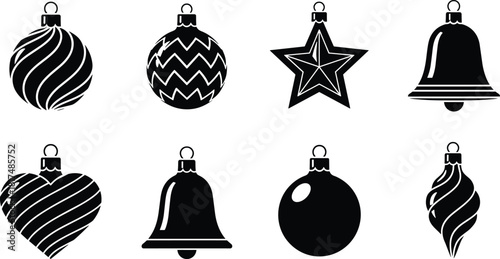 Christmas ornament icons, festive silhouette set, holiday decorations, vector symbols, bell, star, heart, swirl, teardrop, sphere
