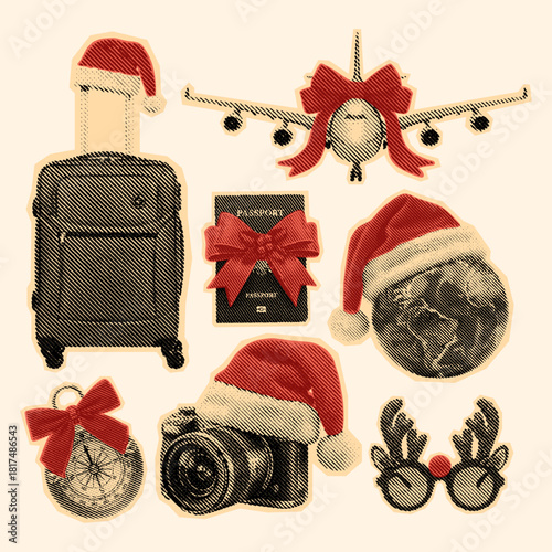 Christmas travel collage with luggage, passport, airplane, camera, globe, compass, in retro halftone style