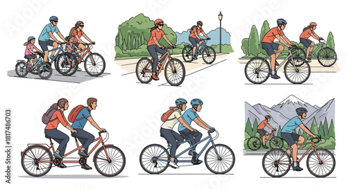 A collection of six illustrations showing diverse people and families enjoying cycling in various settings.