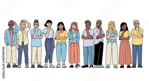 A diverse group of people of various ages and ethnicities stand in a line, each with a thoughtful expression and hand on their chin.