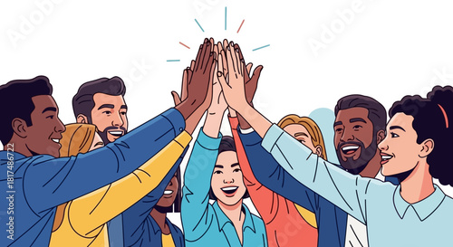 A diverse group of happy people celebrating success with a high five, symbolizing teamwork and collaboration.