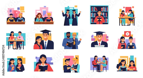 Diverse students in various educational settings, studying, graduating, and learning.