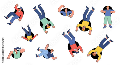 A collection of diverse illustrated people falling or emerging from black circular holes on a white background.