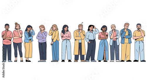 Diverse group of people standing in a row, all looking thoughtful and contemplative.