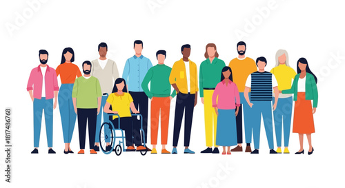 A diverse group of multicultural people, including a person with a disability, standing together as a community.