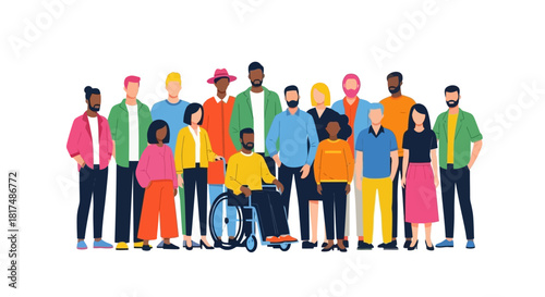 A diverse group of people of various ethnicities, ages, and abilities standing together, representing inclusivity and community.