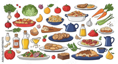 A vibrant collection of various food items, including fresh vegetables, fruits, prepared meals, and cooking ingredients, all arranged on a white background.