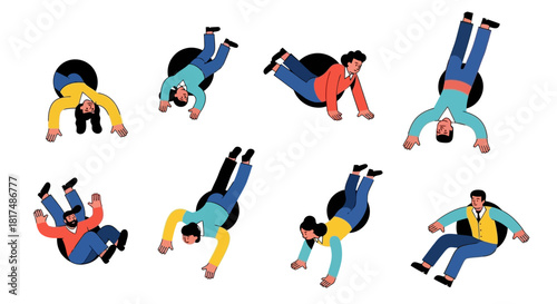 Illustration depicting a diverse group of people performing various acrobatic poses, showcasing movement.