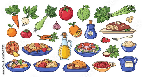 Illustration of various food items including vegetables, fruits, and prepared dishes.