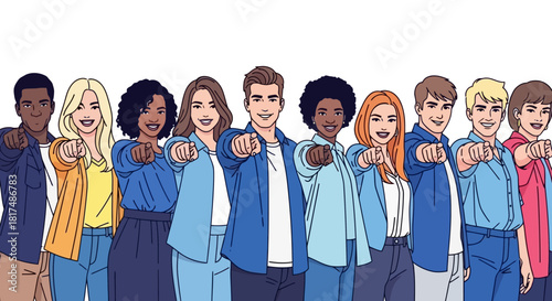 A diverse group of smiling young people pointing their fingers forward in unison.