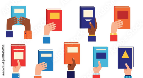 Diverse hands holding up various colorful books, symbolizing education, knowledge, and reading.