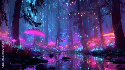 Mysterious woods glow with vibrant neon illumination around a calm reflective stream