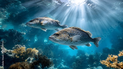 Fototapeta Naklejka Na Ścianę i Meble -  Two spotted fish swim above a vibrant coral reef beneath shafts of sunlight piercing the water