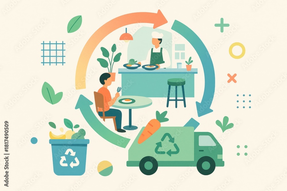 Obraz premium A dynamic visual representation of sustainable food practices illustrating a cycle from consumer to chef with plant elements in a cozy dining setting emphasizing eco friendly choices