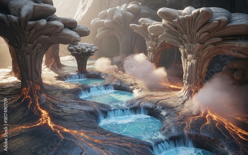 This surreal subterranean world features massive, mushroom-shaped structures carved from stone.