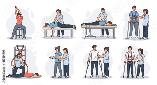 A collection of flat vector illustrations depicting patients undergoing physical therapy and rehabilitation sessions with a professional physiotherapist