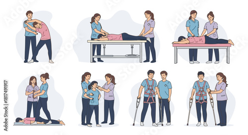 Collection of healthcare illustrations featuring physical therapy and patient care scenarios