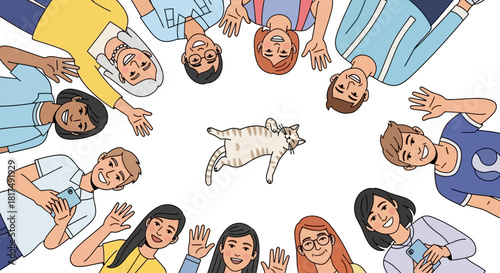 Diverse and happy group of smiling friends with their beloved pet cat forming a cheerful circle, waving greetings towards the viewer, embodying joy, unity, and companionship