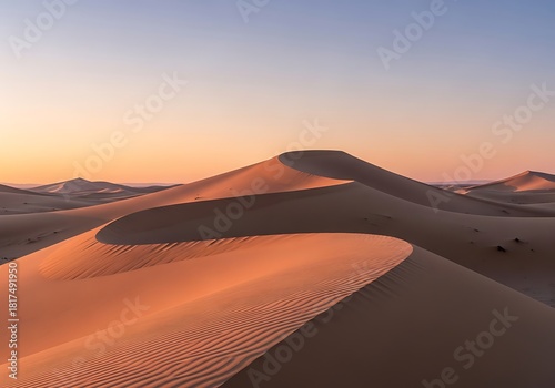 Fototapeta Naklejka Na Ścianę i Meble -  Serene desert vista featuring majestic sand dunes under soft twilight skies creating a scenic representation