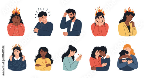 Diverse People Expressing Mental Health Struggles with Flaming Crowns