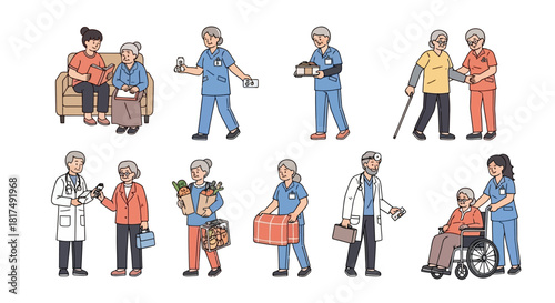 Collection of illustrations showing caregivers and doctors assisting elderly people with daily tasks, health check-ups, and personal support for senior well-being