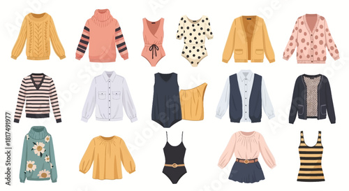 Assortment of Stylish Clothing Items Sweaters, Tops, and Swimsuits for a Fashionable Wardrobe