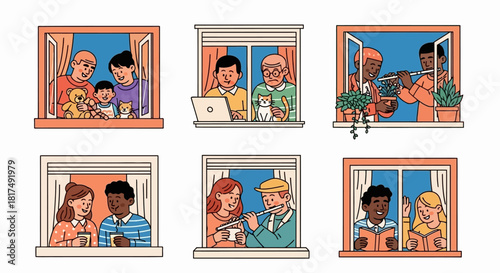 Vignettes of diverse neighbors seen through their windows, sharing moments of daily life, hobbies, and family connection at home