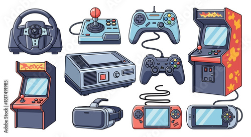A diverse set of retro and modern video gaming equipment, including gamepads, joysticks, arcade cabinets, and VR headsets in a detailed illustration