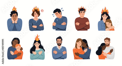 Illustrative collection showcasing diverse individuals grappling with intense emotional distress, stress, anxiety, and burnout, alongside moments of human connection and comforting support