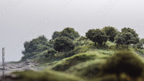 Miniature Landscape Showing a Lush Green Hillside with Trees and Water