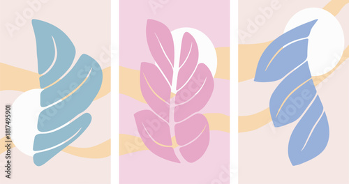 Three abstract art paintings with colorful leaves in pastel shades