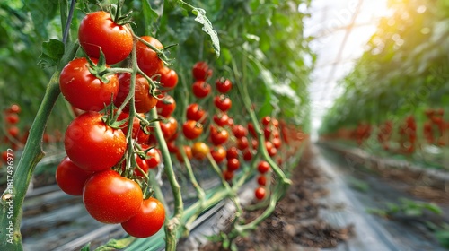 Wallpaper Mural Ripening tomatoes hang in clusters from vines growing inside a bright commercial greenhouse structure Torontodigital.ca