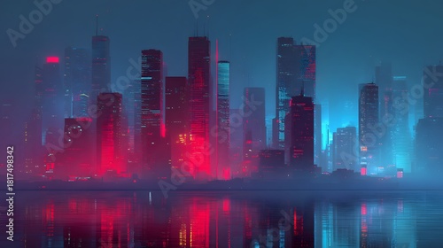 Towering metropolitan architecture glows with intense neon colors reflecting on dark water