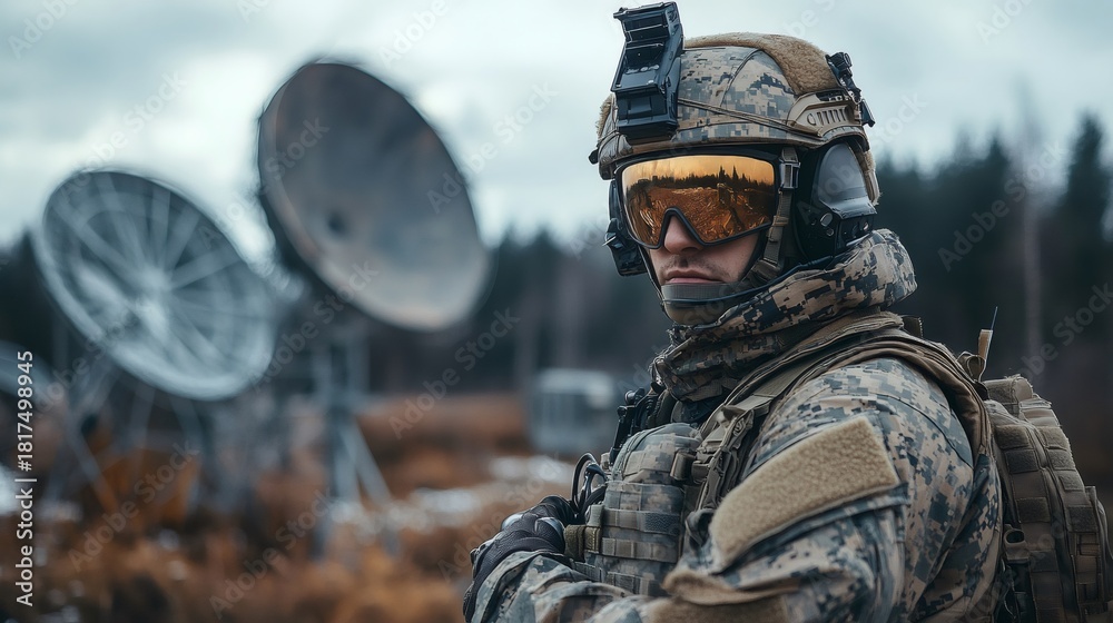 Fototapeta premium Soldier communicating from military base with satellite dishes