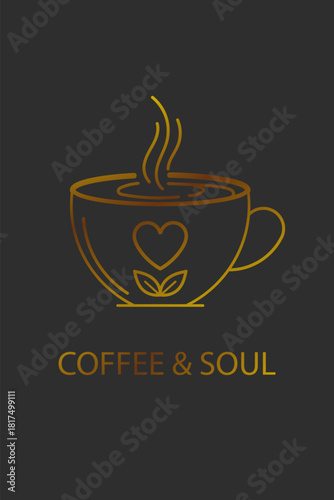 Coffee and Soul: A golden cup design with a heart and leaves on a dark background