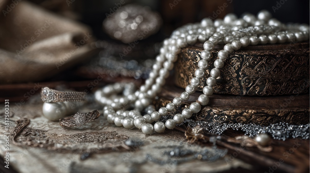 Obraz premium An exquisite collection of vintage jewelry: pearls, rings, and ornate box