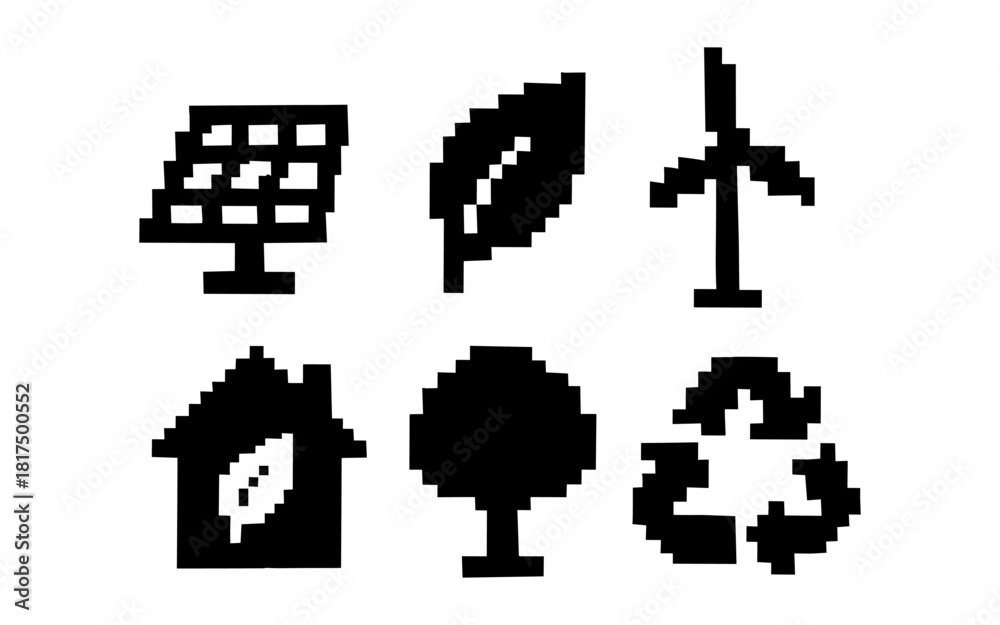 Fototapeta premium Pixel art green energy icons: solar, leaf, wind, eco home, tree, recycling