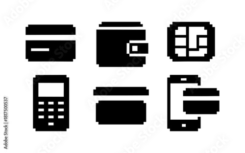 Retro pixel icons of credit card, wallet, and mobile payment methods